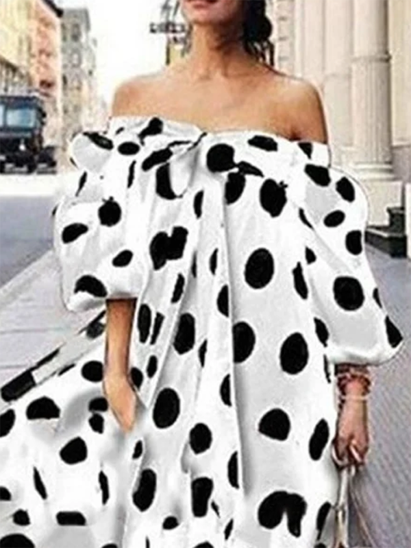 flowersverse Half Sleeves Long Sleeves Polka-Dot Off-The-Shoulder Maxi Dresses