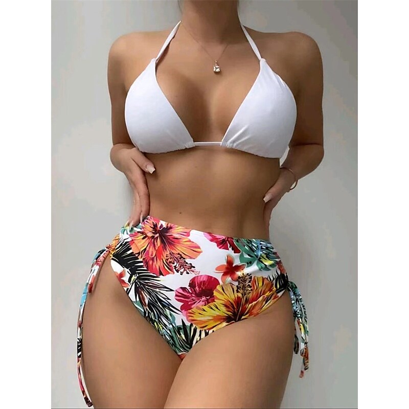 flowersverse Women's Swimwear Bikini Three Piece Normal Swimsuit High Waist Open Back Printing Flower Black Yellow White Halter V Wire Bathing Suits Sexy Vacation Fashion