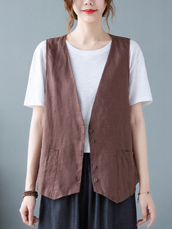 flowersverse Simple Loose V-Neck Solid Color Vest