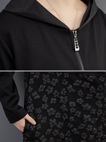 flowersverse Casual Loose Long Sleeves Velvet Floral Printed Zipper Hooded Outerwear