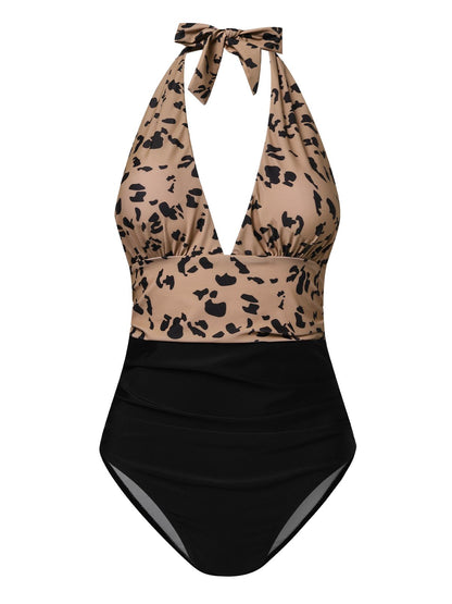 flowersverse Vacation Leopard Printing V Neck One Piece Swimsuit