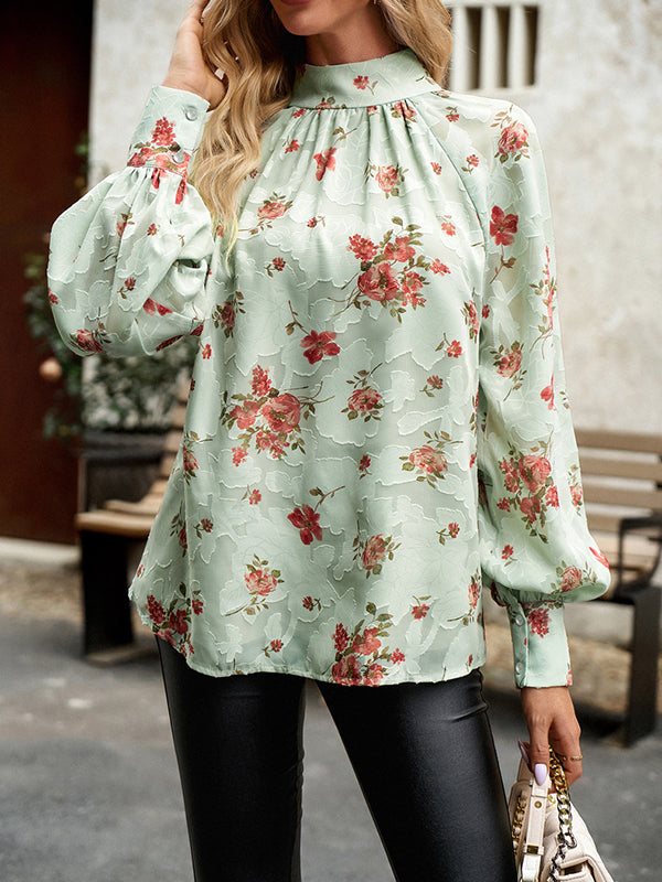 flowersverse Flower Print Tied Long Sleeves Loose Mock Neck Blouses&Shirts Tops