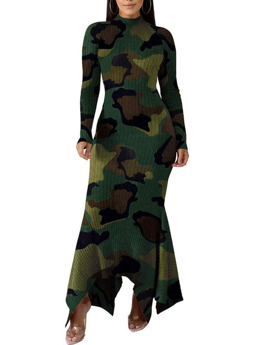 flowersverse Mock Neck Ribbed Knit Bodycon Long Sleeve Maxi Dresses