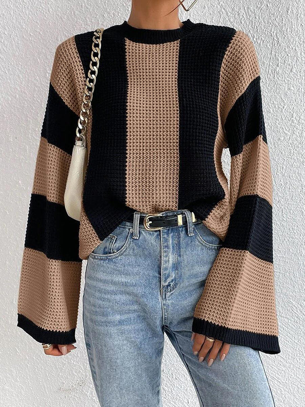 flowersverse Contrast Color Striped Flared Sleeves Round-Neck Sweater Tops Pullovers