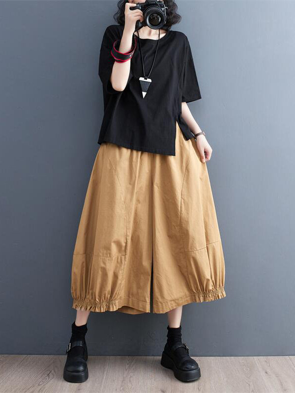 flowersverse Solid Color Split-Joint Ninth Pants Wide Leg Casual Pants Bottoms