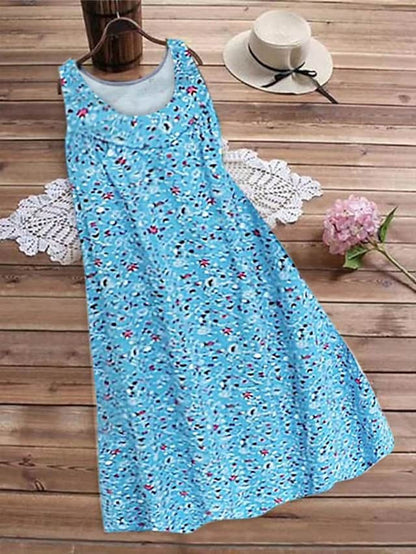 flowersverse Women's Plus Size Casual Dress Floral Crew Neck Print Sleeveless Spring Summer Casual Short Mini Dress Causal Daily Dress