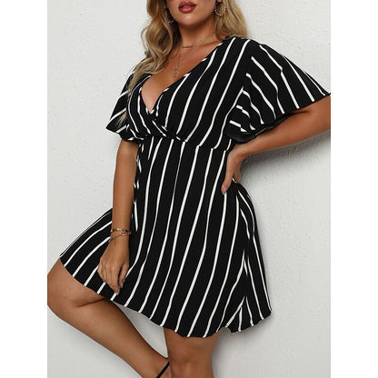 flowersverse Women's Plus Size Casual Dress A Line Dress Stripe Mini Dress Short Sleeve Print V Neck Fashion Outdoor ArmyGreen Black Spring Summer L XL XXL 3XL 4XL