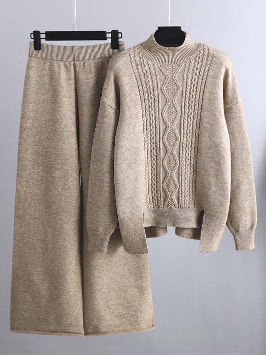 flowersverse Urban Loose Split-Side Half Turtleneck Sweater Tops& Wide Leg Pants Two Pieces Set