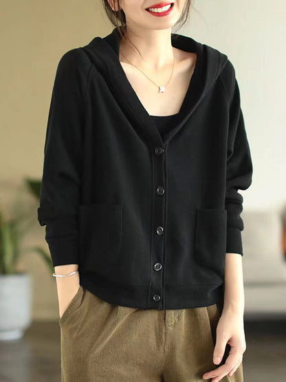 flowersverse Casual Long Sleeves Loose Buttoned Solid Color Hooded Knitting Outerwear