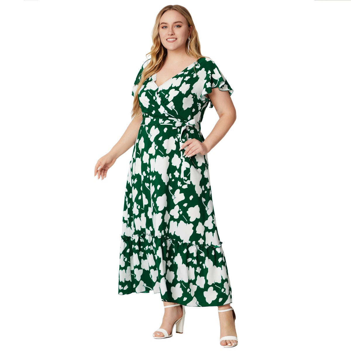 flowersverse Summer Plus Size Women's V-Neck Print Dress