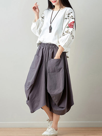 flowersverse Artistic Retro Ramie Cotton 6 Colors Loose Irregular Elasticity Skirt