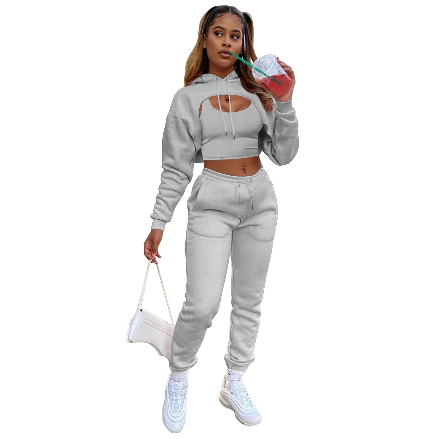 flowersverse Fashion Women's Plus Elegant Style Drawstring Hoodie Cotton Vest Jogger Pants Three-piece Wear