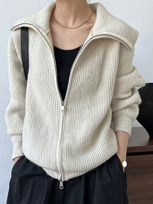 flowersverse Solid Color Zipper Long Sleeves Loose Lapel Cardigan Tops