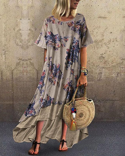 flowersverse Women's Chiffon Dress Maxi Long Dress - Short Sleeve Color Block Print Plus Size Cotton Loose Blue Green Gray M