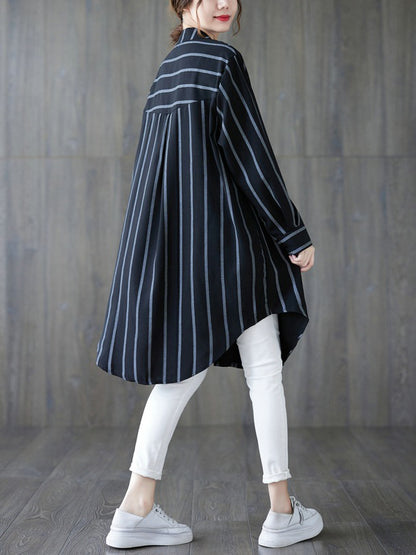 flowersverse Buttoned Striped Long Sleeves Loose Blouses&Shirts Tops