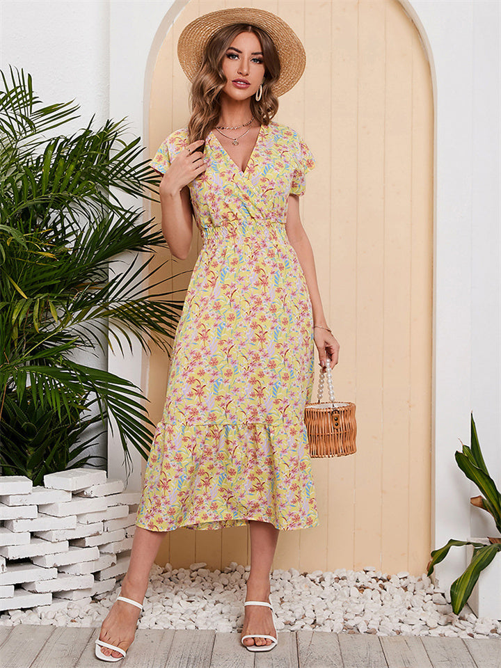 flowersverse Chiffon Printed One Sleeve Large Swing Holiday Beach Dress