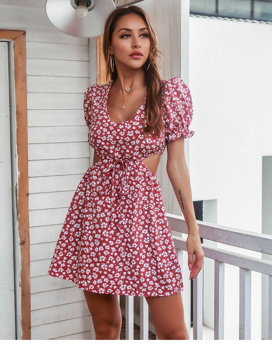 flowersverse Women Spring Summer Puff Sleeve Show Waist Print Dress Ladies Sexy Floral Short Sundress