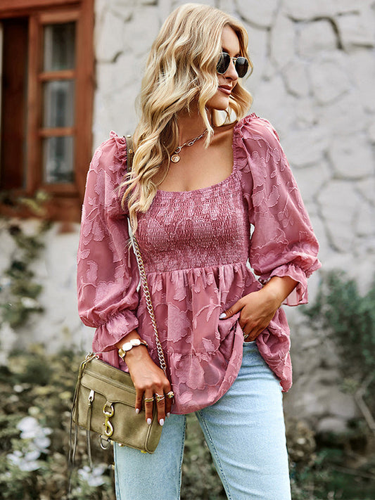 flowersverse Casual Loose Long Sleeves Ruched Blouses&Shirts Tops