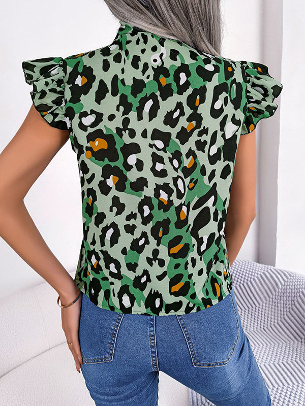 flowersverse Leopard Cap Sleeve Loose Statement Collar Vest Top