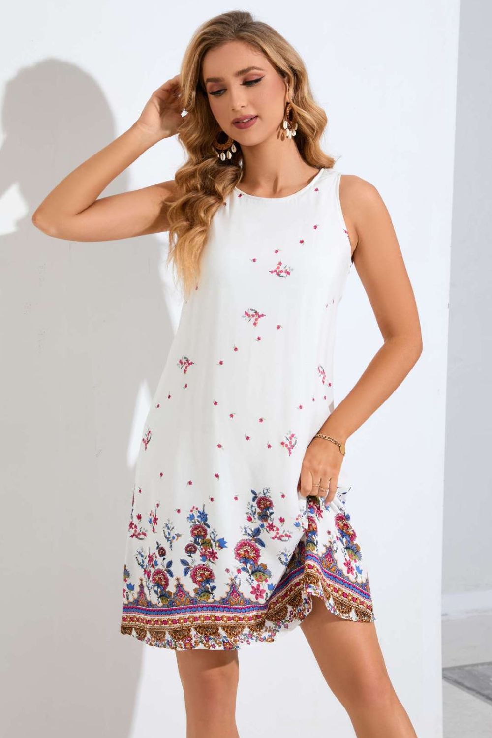 flowersverse Women's Bohemian Floral Detail Round Neck Sleeveless Dress