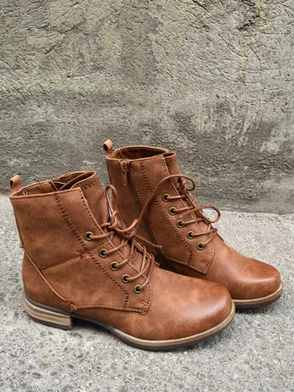 flowersverse Red Stitched Brown Leather Vintage Casual Boots