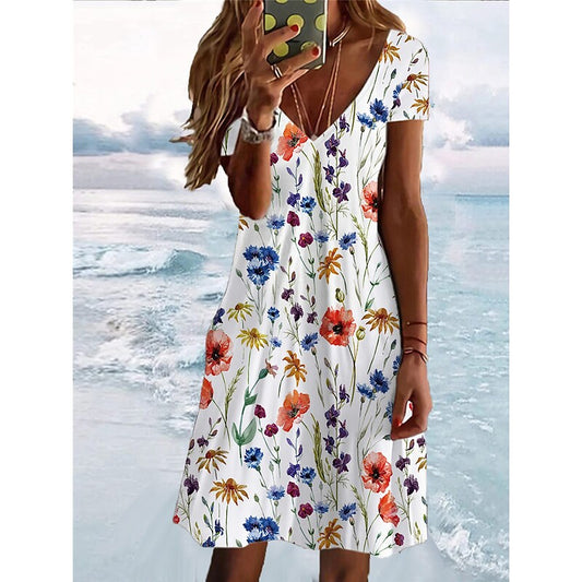 flowersverse Women's Casual Dress Summer Dress Print Dress Floral Print V Neck Mini Dress Active Fashion Outdoor Daily Short Sleeve Regular Fit White Pink Navy Blue Spring Summer S M L XL XXL