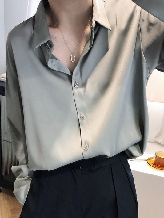 flowersverse Simple Solid Color Satin Chiffon Long Sleeve Blouse