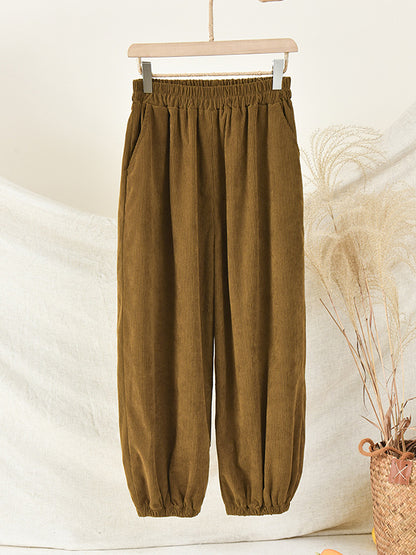 flowersverse Loose Solid Color Corduroy Casual Ninth Pants Bottoms