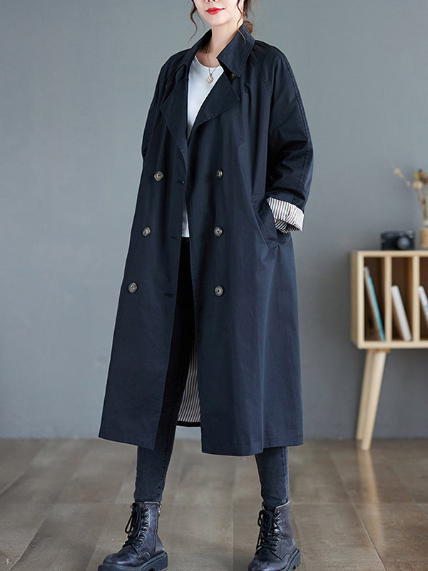 flowersverse Buttoned Pockets Long Sleeves Loose Notched Collar Trench Coats