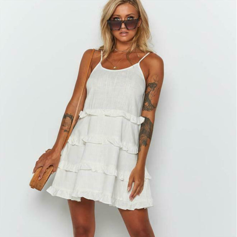 flowersverse Women Summer Boho Sleeveless Dress Ruffle A-Line Short Mini Dress