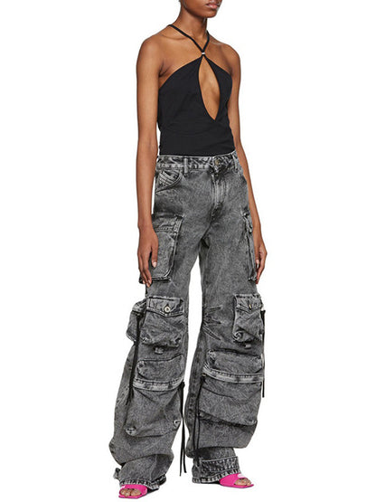 flowersverse Pleated Pockets Split-Joint Streamer Loose Jean Pants Bottoms