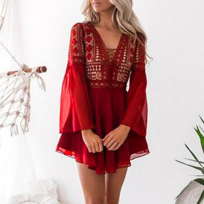 flowersverse Hollow Out Chiffon Dress Cross Bandage Lace V-Neck Long Sleeve Dress