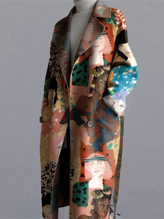 flowersverse Buttoned Figure Printed Long Sleeves Notched Collar Woolen Coat