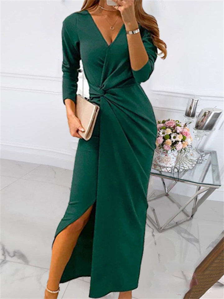 flowersverse Solid Color Wrapped Chest Long Temperament Commuter V-Neck Dress