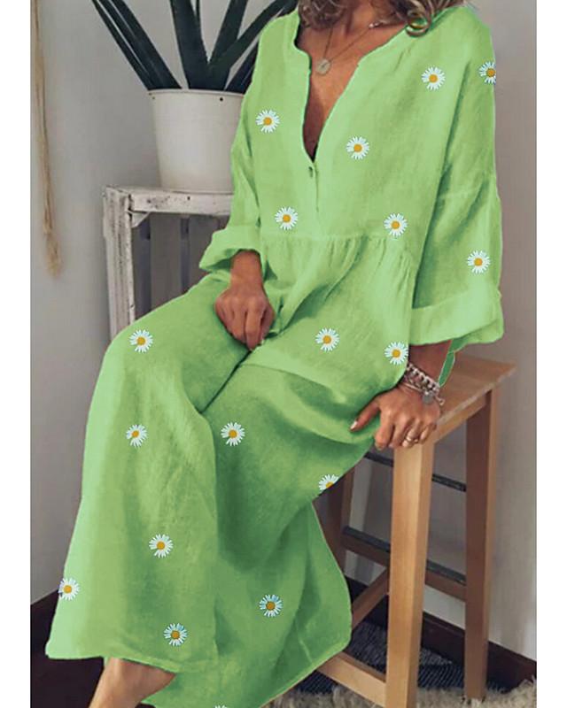 flowersverse Women's A-Line Dress Maxi Long Dress Long Sleeve Floral Spring Summer Cotton Yellow Green Light Blue M