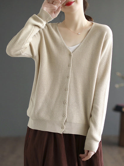 flowersverse Solid Color Long Sleeves Loose V-Neck Cardigan Tops