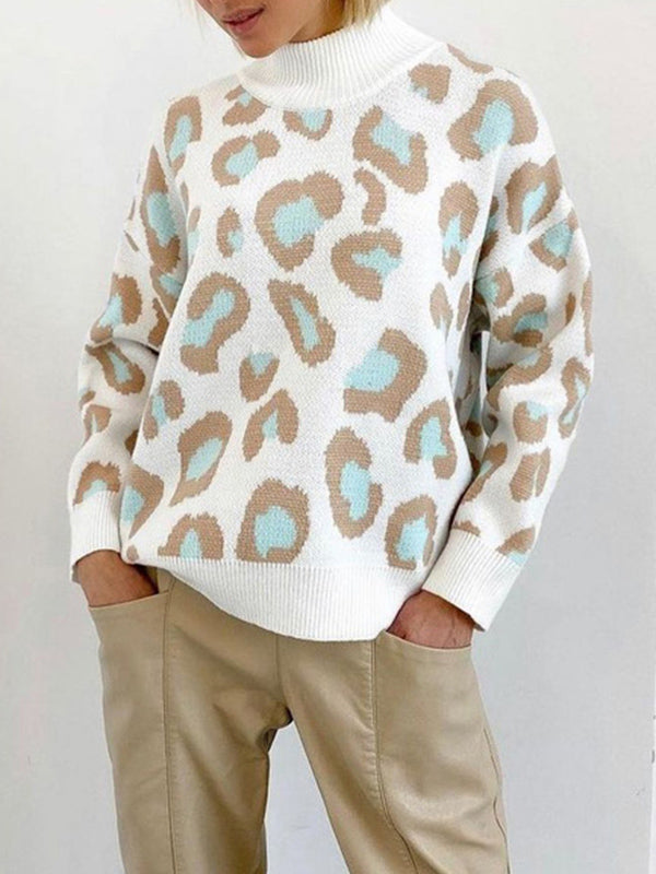 flowersverse Leopard Long Sleeves Loose Mock Neck Sweater Tops Pullovers