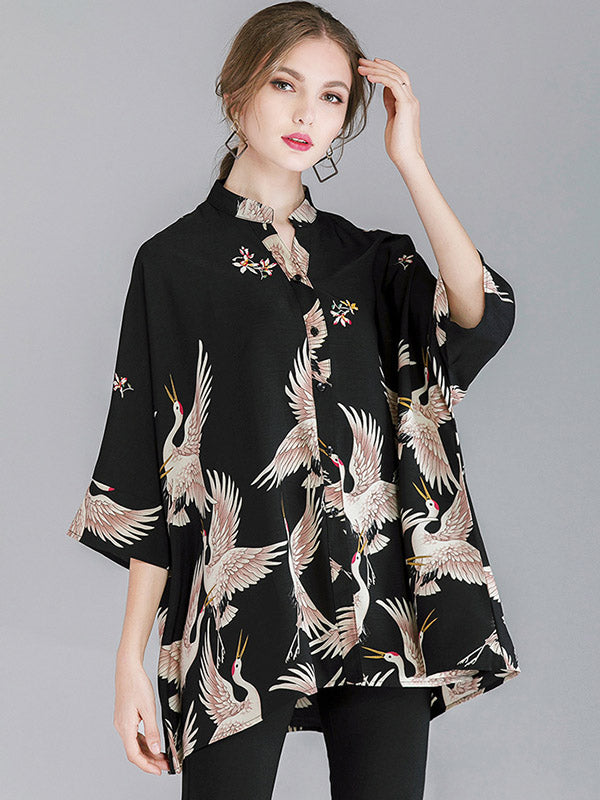 flowersverse Original Crane Printed Buttoned Stand Collar Half Sleeves Blouse