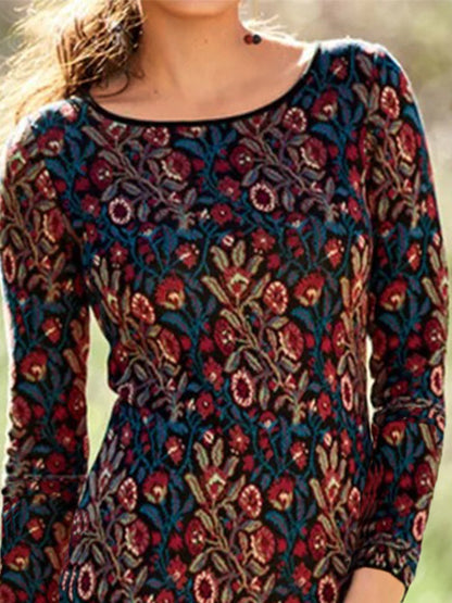 flowersverse Floral Long Sleeve Crew Neck Plus Size Casual Dresses