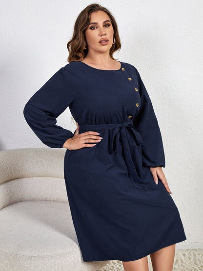 flowersverse Solid Plus Size Loose High Waist Tie Round Neck Dress