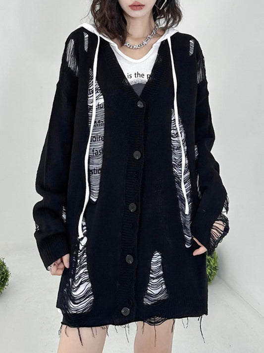 flowersverse Hollow Split-Joint Long Sleeves Loose V-Neck Cardigan Coats