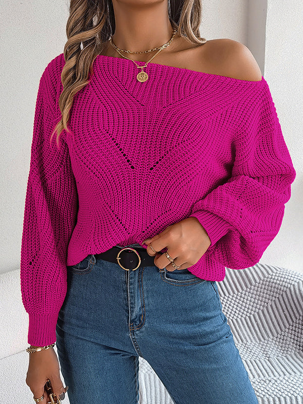 flowersverse Solid Color Split-Joint Loose Puff Sleeves Round-Neck Sweater Tops