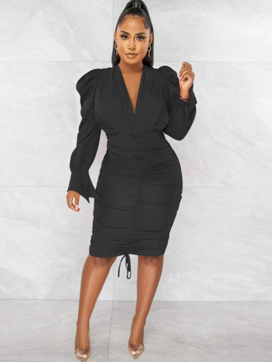 flowersverse Long Sleeve V Neck Ruched Bodycon Midi Dresses