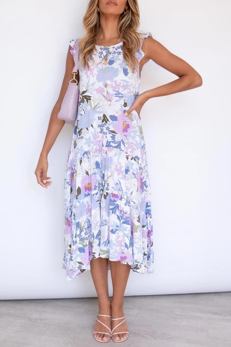 flowersverse Ruffle Shoulder Floral Print Dress