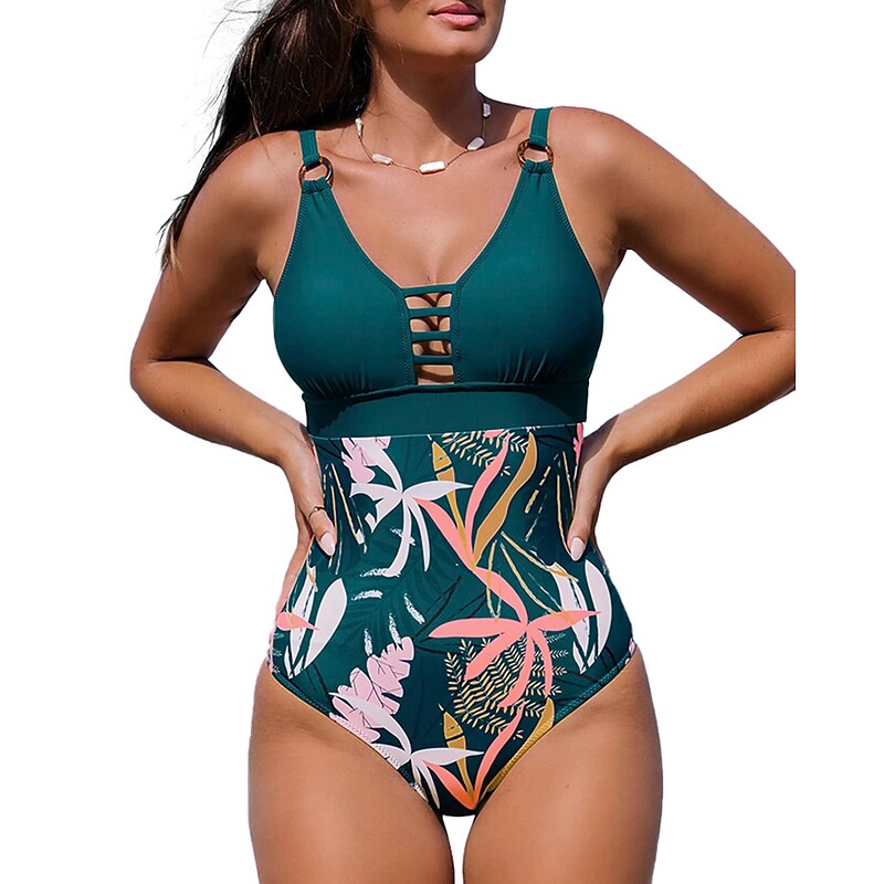 flowersverse Women's Swimwear One Piece Normal Swimsuit Printing Floral Yellow Green Bodysuit Bathing Suits Sports Beach Wear Summer