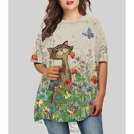 flowersverse Women's Plus Size T Shirt Dress Tee Dress Floral Crew Neck Print Half Sleeve Fall Spring Basic Short Mini Dress Causal Daily Dress / Graphic / Cat