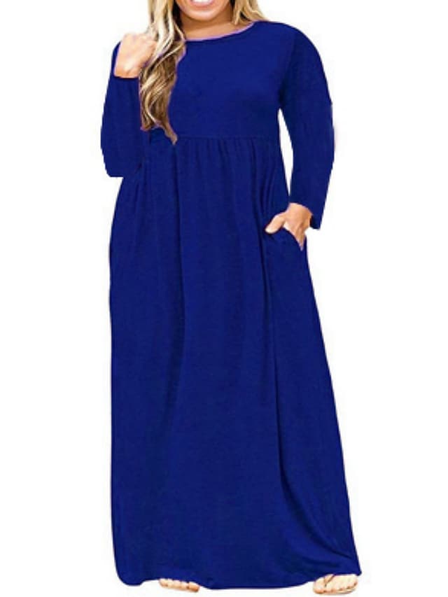 flowersverse Women's Plus Size Casual Dress T Shirt Dress Tee Dress Solid Color Long Dress Maxi Dress Long Sleeve Pocket Crew Neck Classic Daily Navy Blue Orange Winter Fall L XL 3XL 4XL 5XL