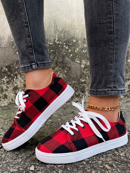 flowersverse Christmas Red Plaid Black And White Plaid Leopard Casual Flat Shoes Xmas Flats