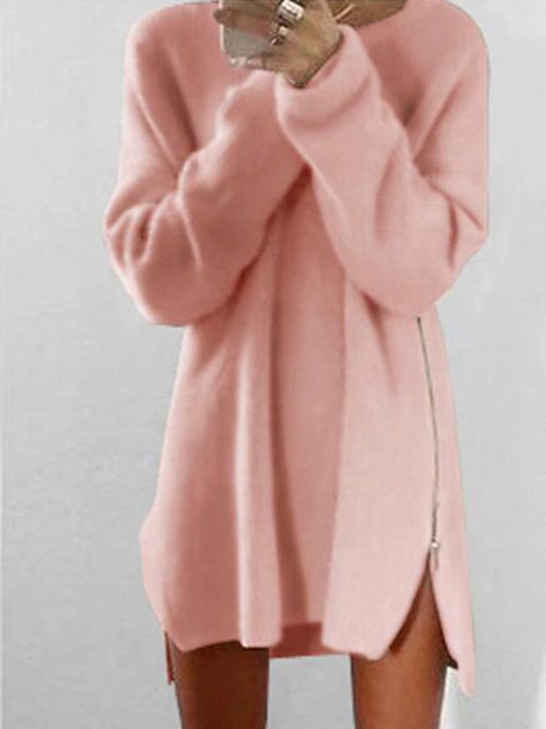 flowersverse Women Fluffy Zipper Long Sleeve Casual Plus Size Sweater Dress