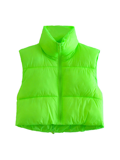 flowersverse Skinny Sleeveless Solid Color Zipper Stand Collar Padded Vest Vest Top